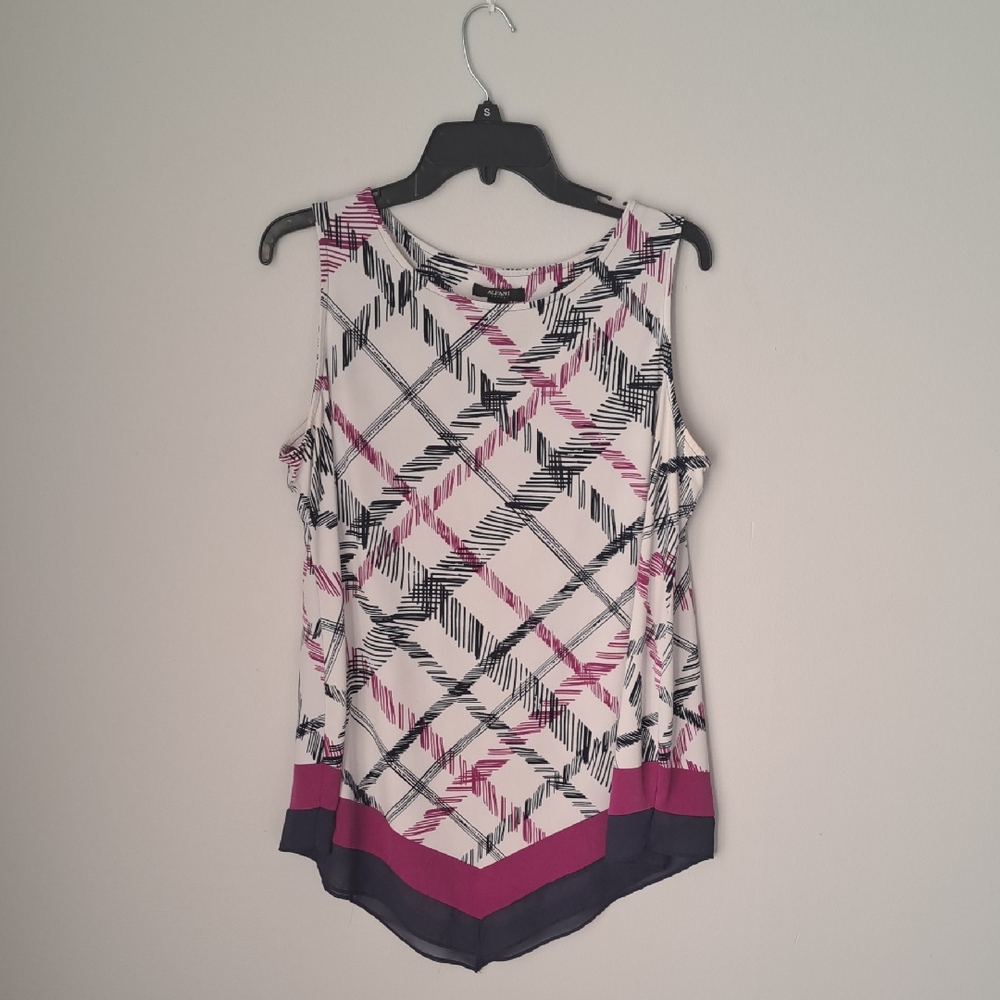 Alfani Cream Tank Top with Pink and Black Plaid Stripe Hem
